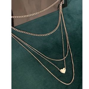 Layered Silver Chain Choker Heart Necklace